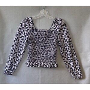 Lark + Grey Smocked Crop Top Long Sleeve Size M - Ruffle Hem Navy Pink White